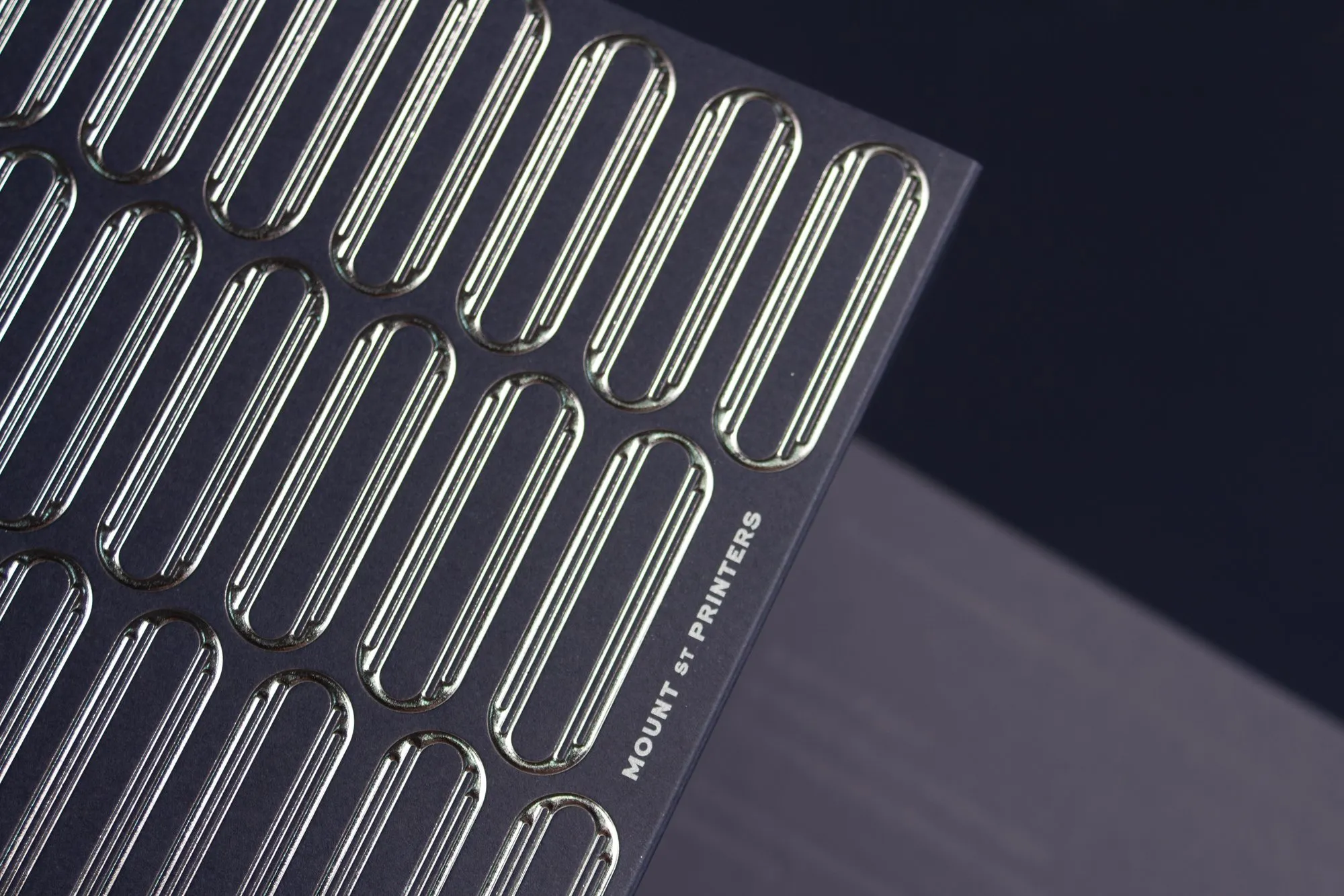 Close-up of the silver foiled and embossed pattern with the Mount Street Printers name