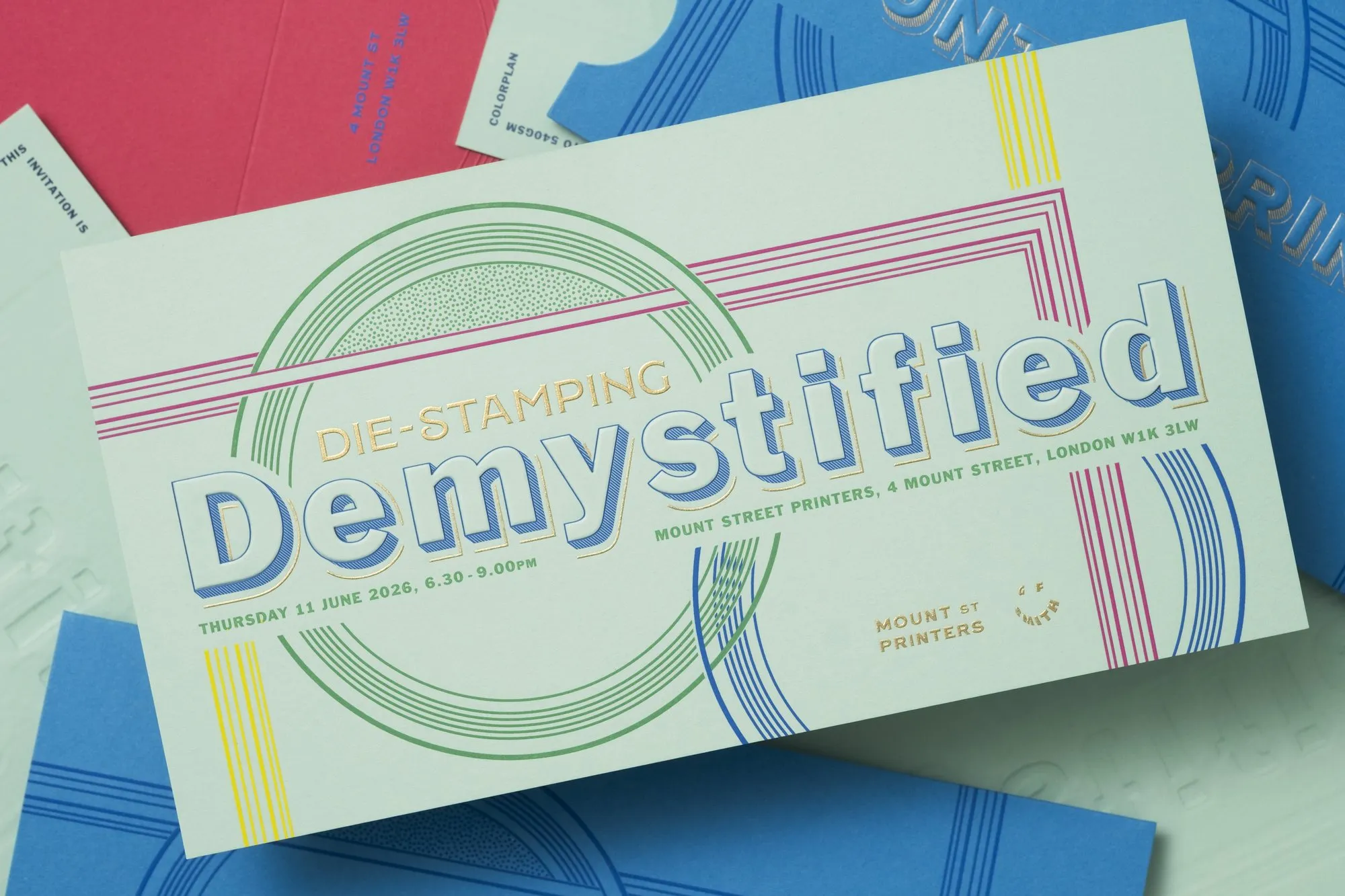 The Die-Stamping, Demystified invitation: mint card with blue, pink, green, yellow and gold die-stamped lines